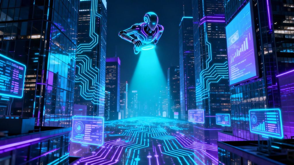 AI transforming the finance industry with futuristic visuals.