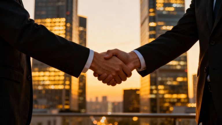 Professional handshake against a city skyline.