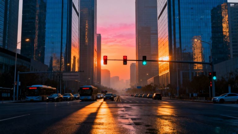 Financial district skyline at sunrise, symbolizing investment.
