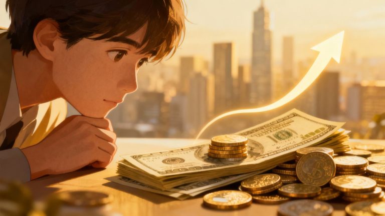 Calculating return on investment with money and growth arrow.