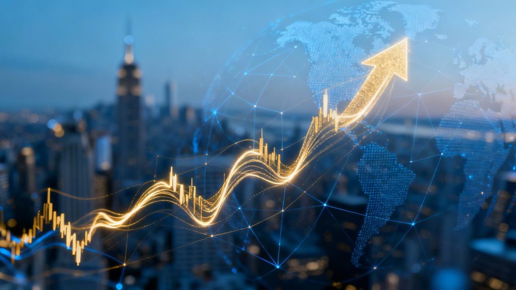 Financial markets with stock trends and business news.