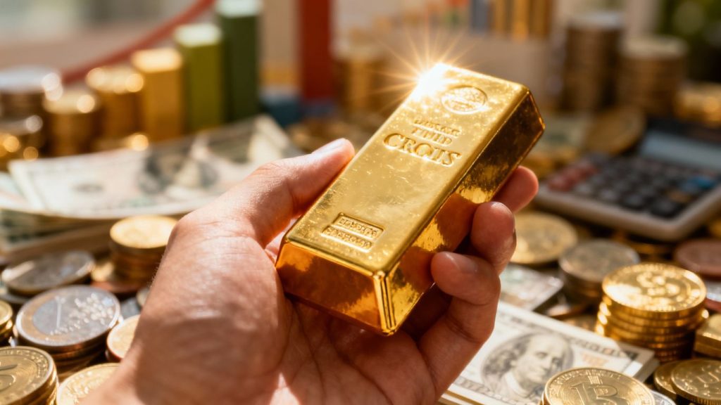 Hand holding gold bar with diverse investments blurred behind.