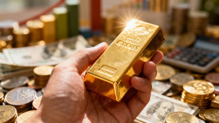 Hand holding gold bar with diverse investments blurred behind.