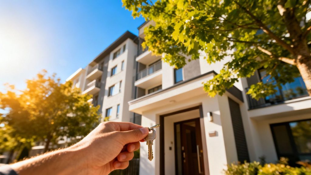 Key to a modern apartment building.