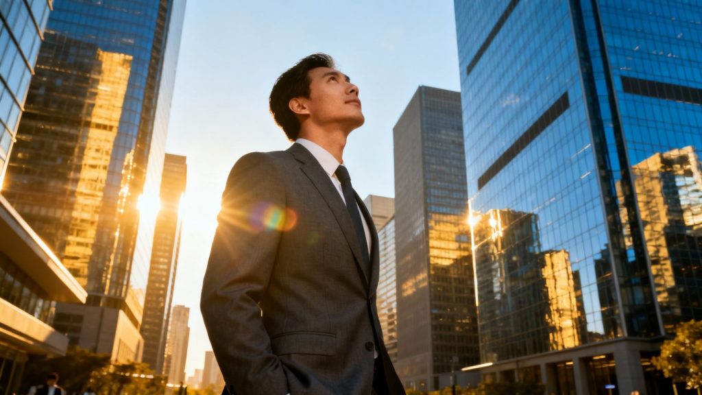 Finance analyst looking at city skyline