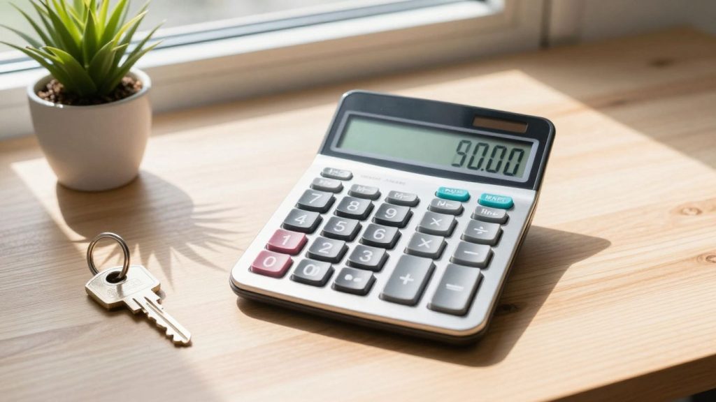 Mortgage loan calculator with house key on desk.