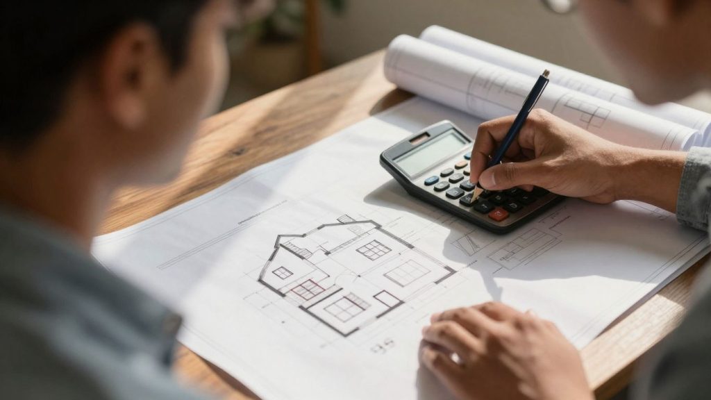 Person planning home loan with calculator and blueprint.