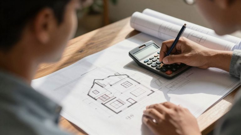 Person planning home loan with calculator and blueprint.