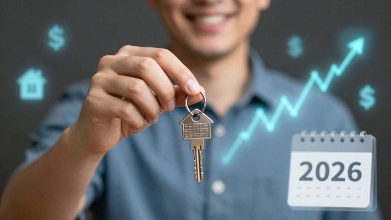 Person holding house key with 2026 financial symbols.