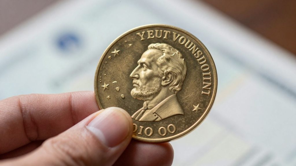 Close-up of a metallic bond certificate held in hand.