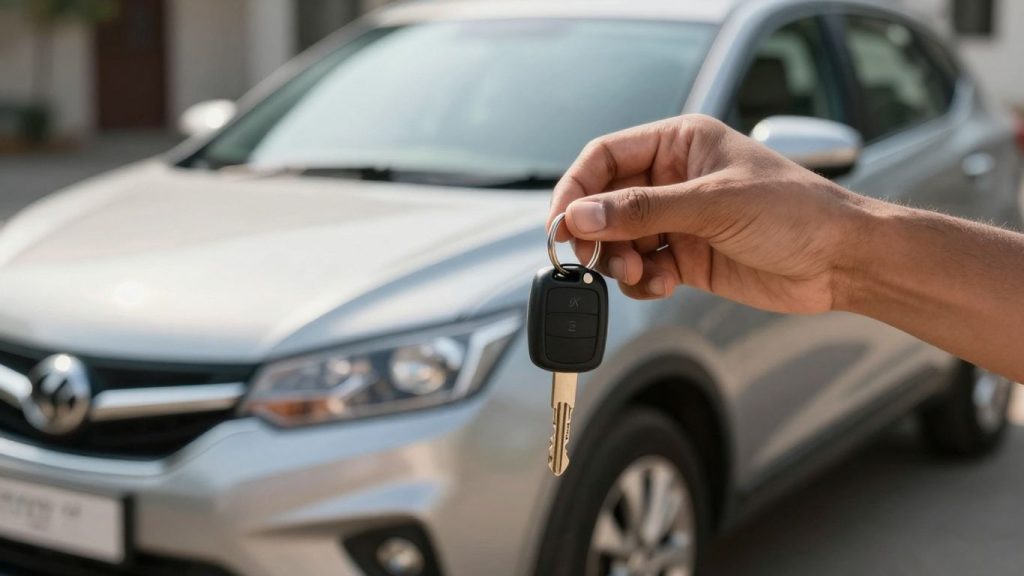 Person holding car keys with a new car.