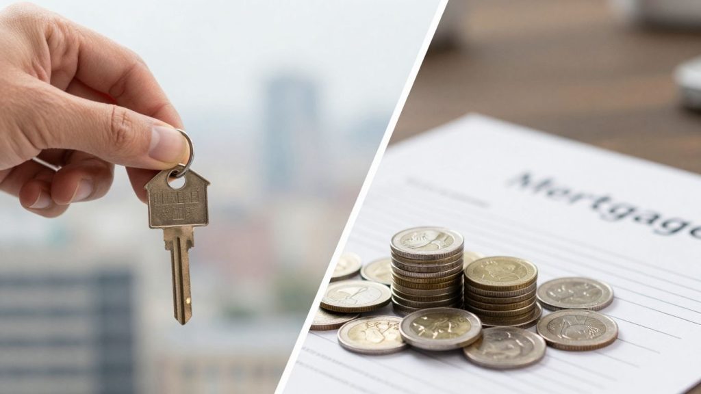 House key, coins, and mortgage document.