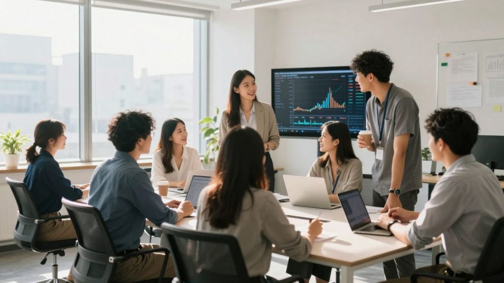 People collaborating in a bright office, financial future.