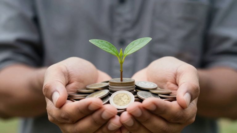 Hands holding coins with a plant growing from them.