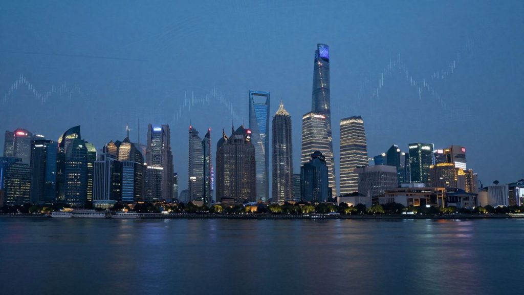 Shanghai skyline with financial patterns and river.