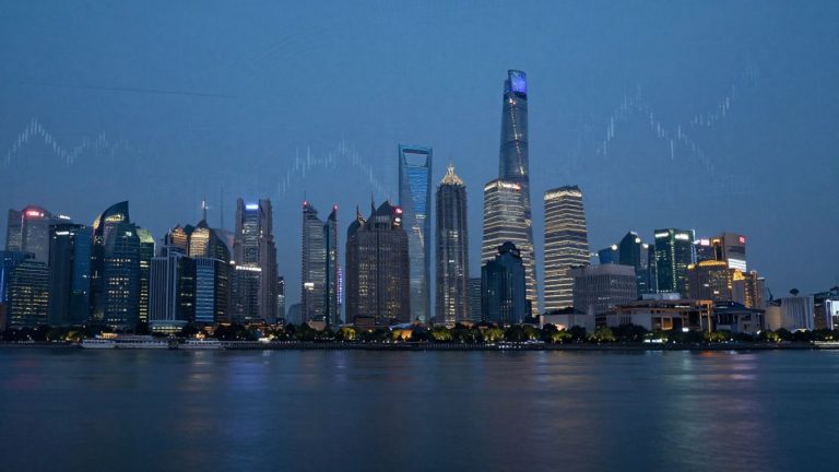 Shanghai skyline with financial patterns and river.