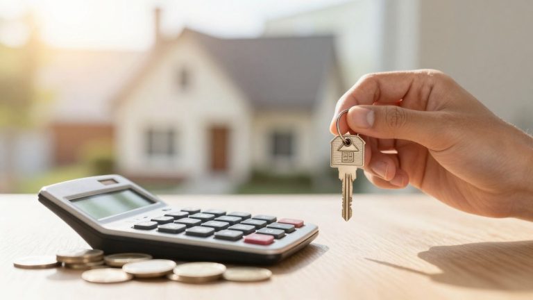 Person with house key, calculator, and coins near a house.