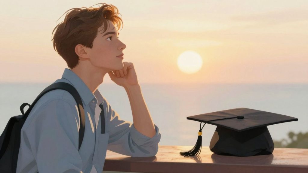 Student looking towards a bright future with graduation cap.