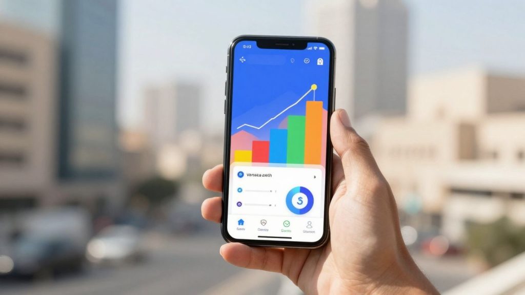 Person holding phone with finance app
