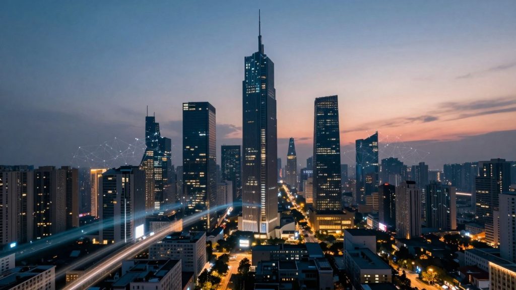 Futuristic cityscape with AI neural network overlay.