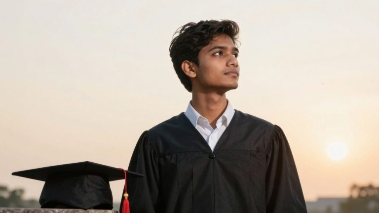 Student looking towards a bright future with graduation cap.