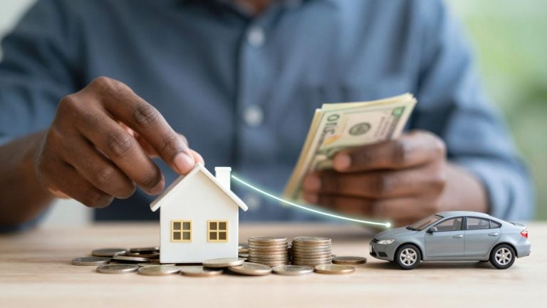 Personal loan concept with money, house, and car.