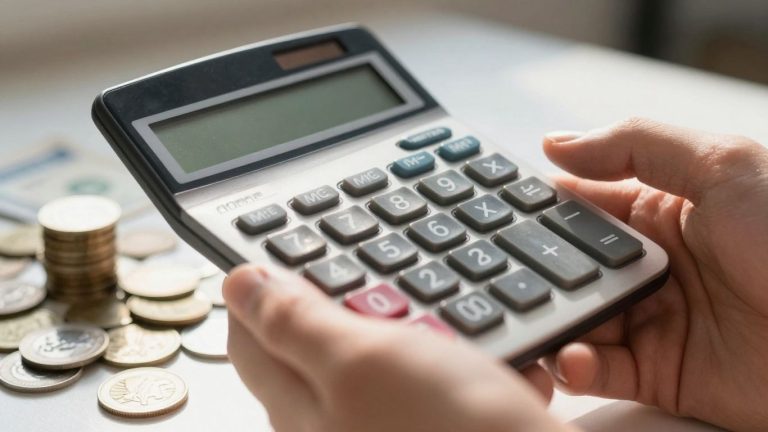 Hand with calculator, coins, and bills for loan payment calculation.
