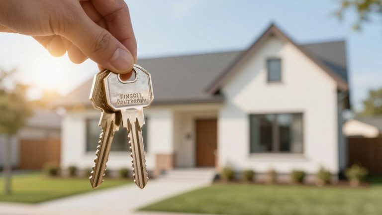 Home mortgage calculator illustration with house and key.