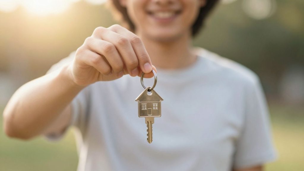 Person holding house key, financial growth background.