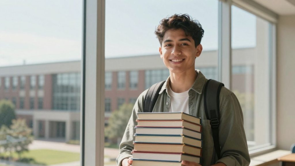 Student with books on a sunny university campus.