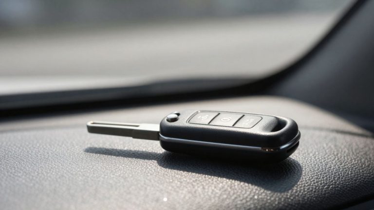 Car key on dashboard with road in background.