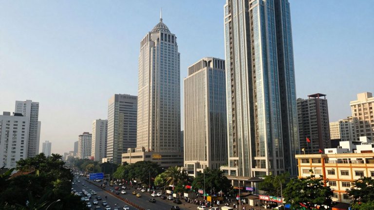 India's economic landscape with skyscrapers and busy streets.