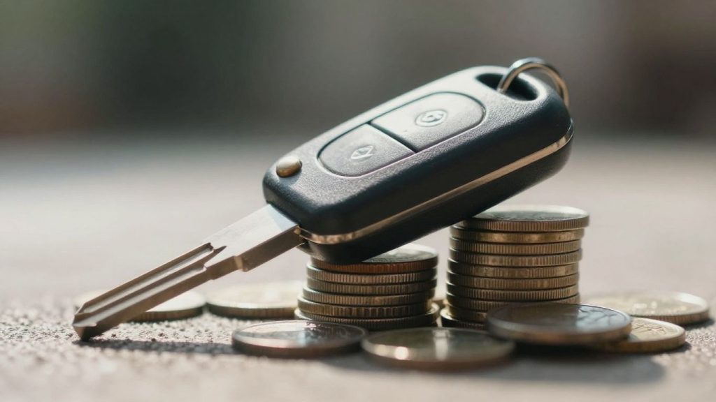 Car key on coins, financial deal concept.