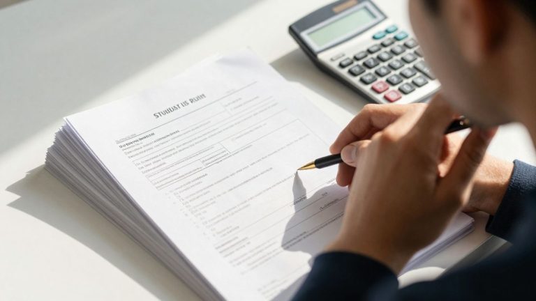 Student loan documents with sunlight and calculator.