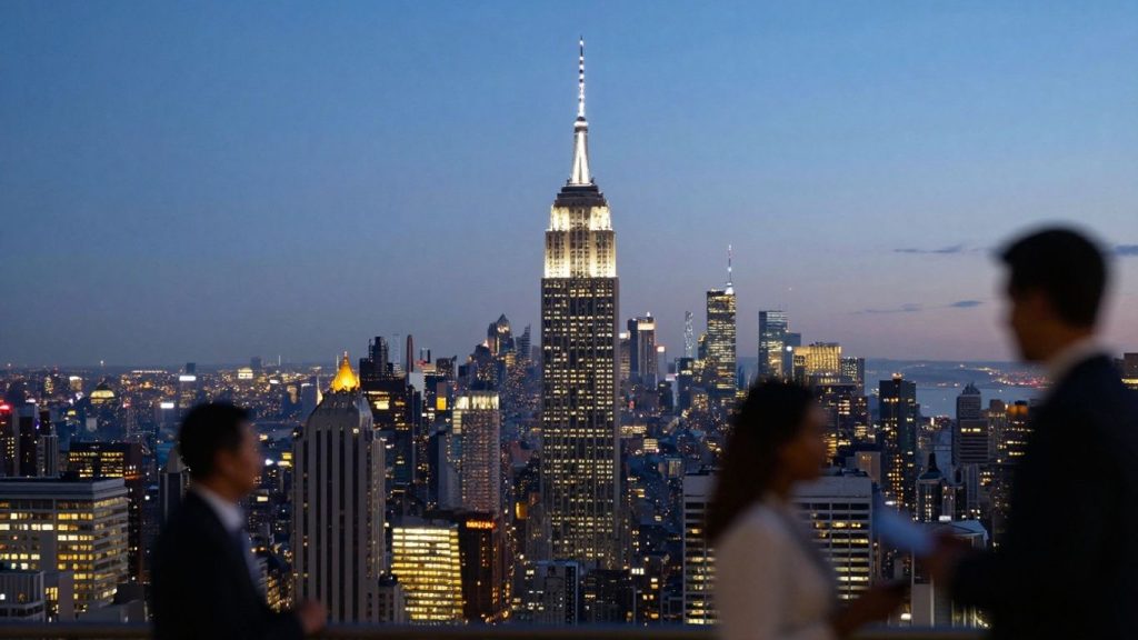 New York City skyline at dusk with professional figures.