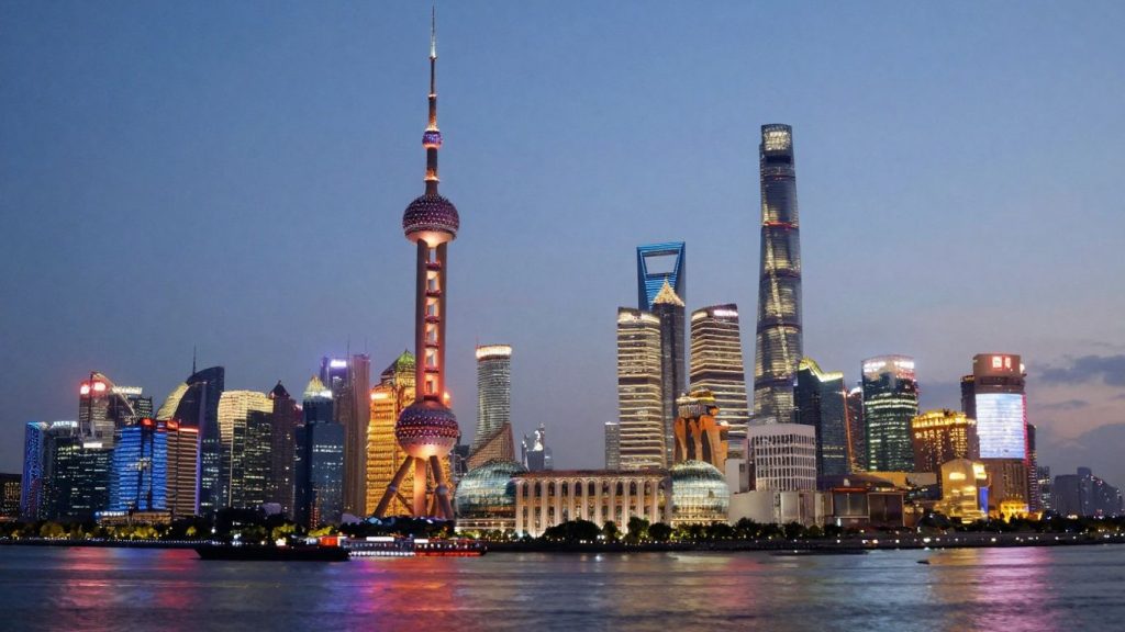 Shanghai skyline at dusk, financial district