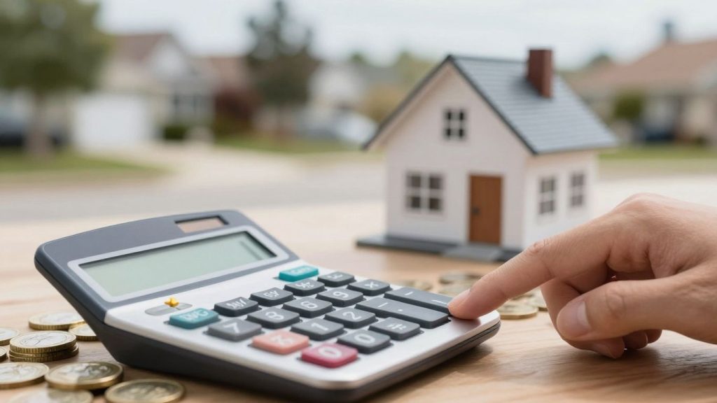 Home loan calculator with house and coins.