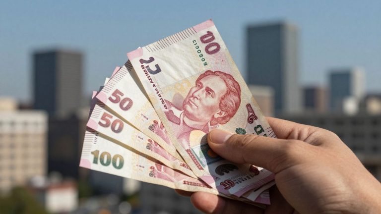 Hand holding money with city skyline background.