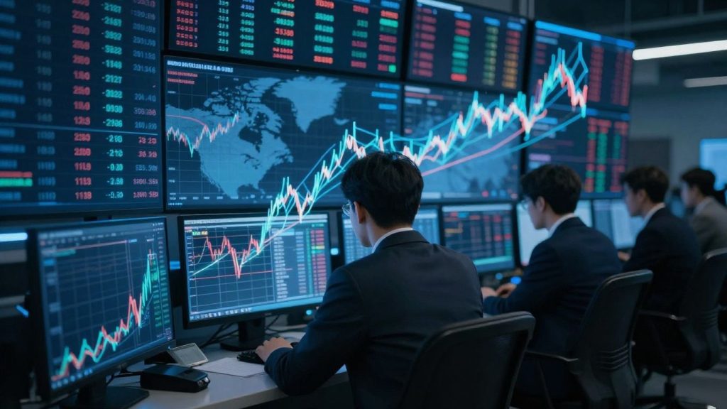 Live stock market activity with global connectivity.
