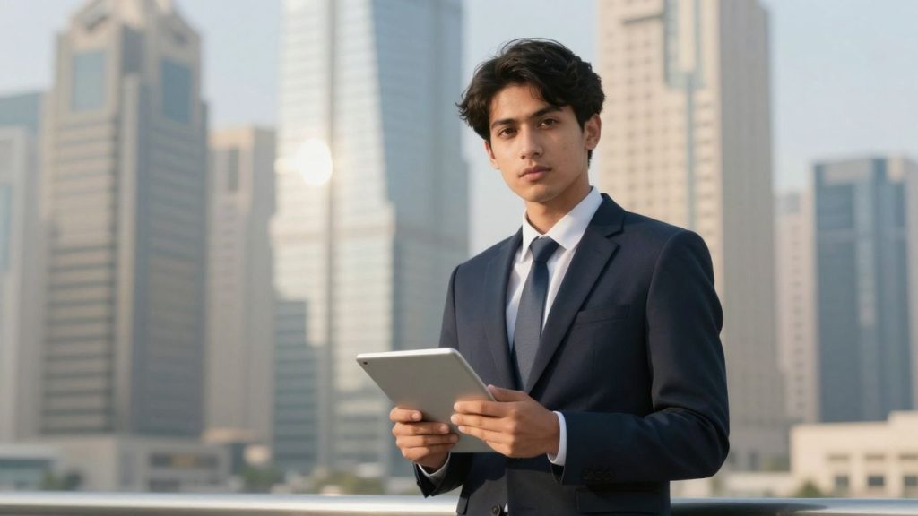 Person in suit looking thoughtful with cityscape background.