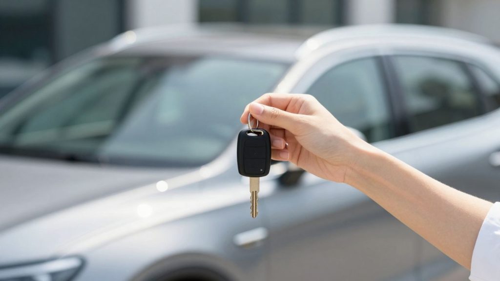 Person holding car key with car in background.