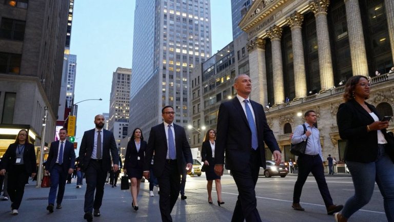 New York City skyline with professionals in financial district.