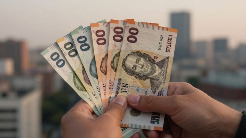 Hand holding money with city skyline background.