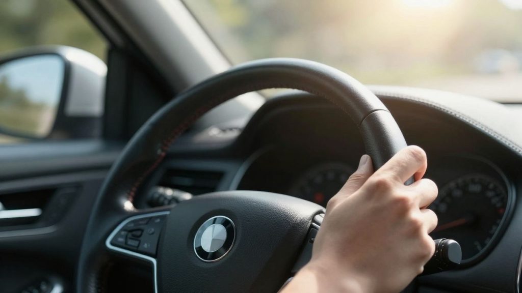 Car interior with hand on steering wheel.