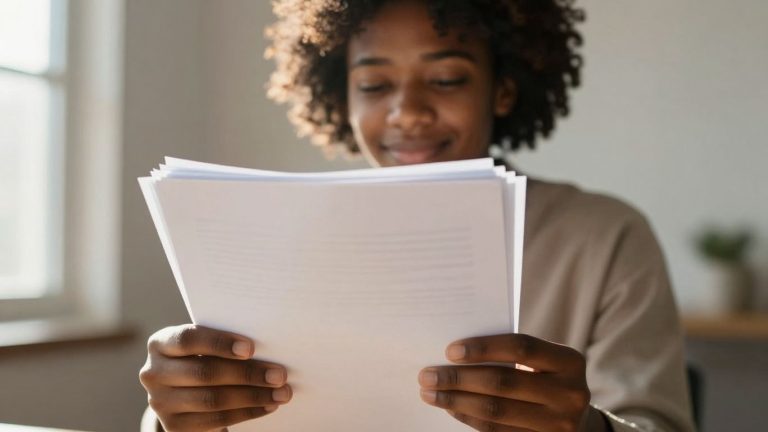 Relieved person with study loan documents, hopeful future.