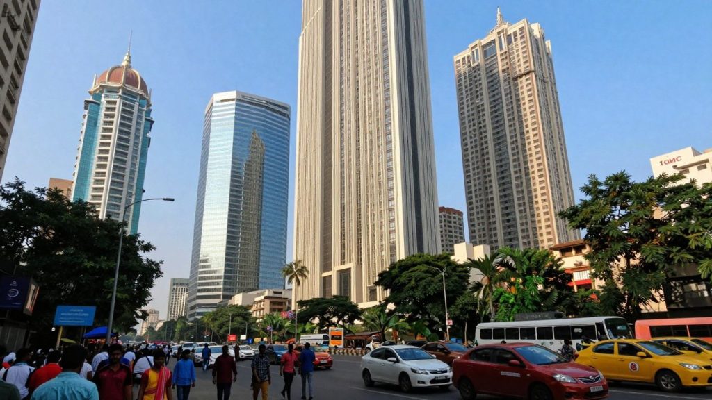 Indian economy financial district skyscrapers bustling street