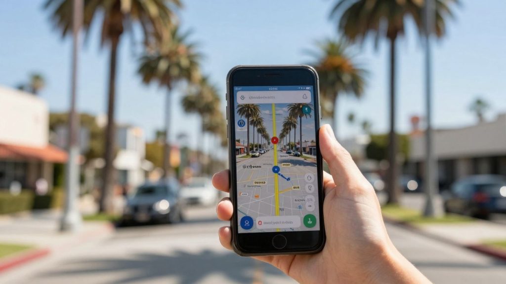 Los Angeles street with palm trees and a smartphone map.
