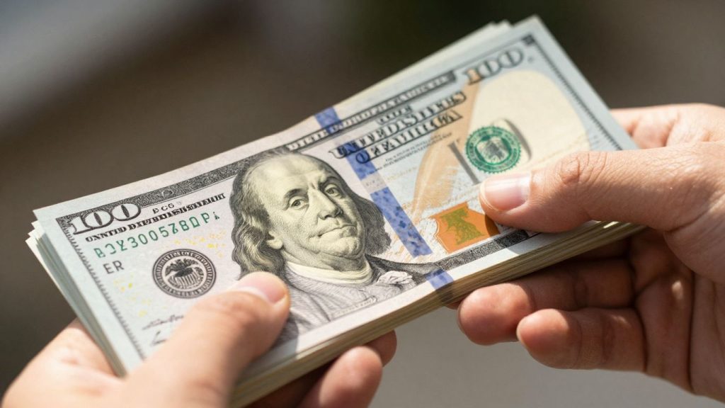 Hand holding dollar bills, personal loan concept.