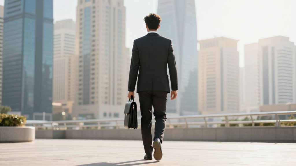 Young professional walking towards a bright cityscape with briefcase.
