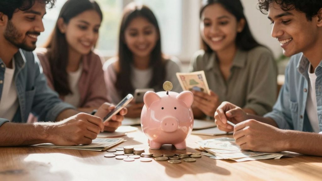 People engaging with money and savings for financial well-being.